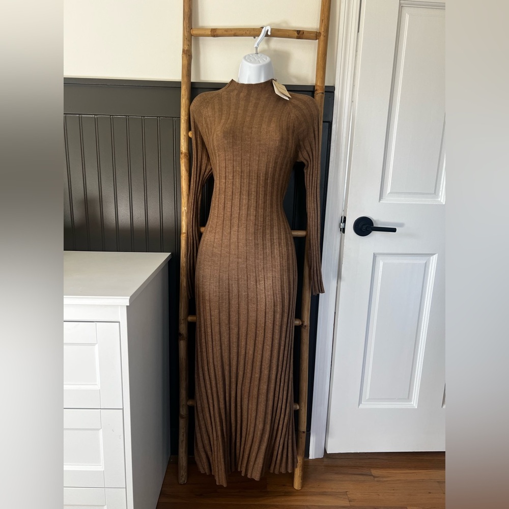 Mango Brown Long Sleeve Ribbed Dress